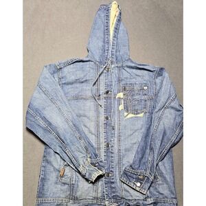 ENYCE Vintage Denim Hooded Button Up Jacket Metal‎ Accents Distressed Blue Large